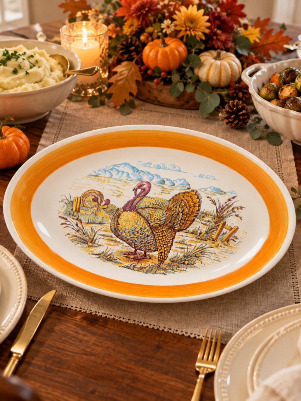 La Primula Italy Turkey Serving Platter 19” Orange Rim Thanksgiving Ceramic